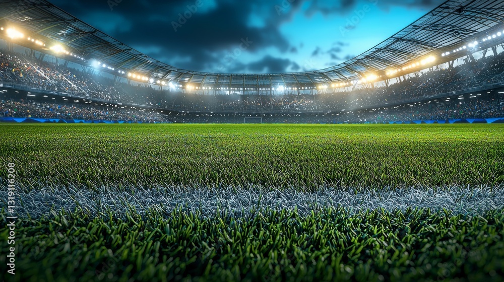 Fototapeta premium Close-Up of Soccer Field Lines with Illuminated Stadium Background