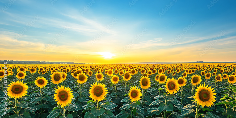 Fototapeta premium Endless Sunflower Field Swaying Under a Clear Blue Sky for a Cheerful and Vibrant Scene