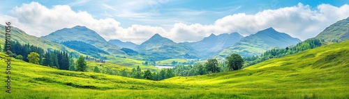 Vibrant landscape featuring lush green hills and majestic mountains under a clear blue sky.