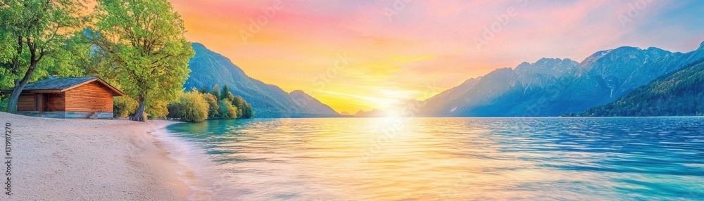 Serene lakeside scene at sunset with a cabin and vibrant sky reflections. Serene lakeside scene at sunset with a cabin and vibrant sky reflections.