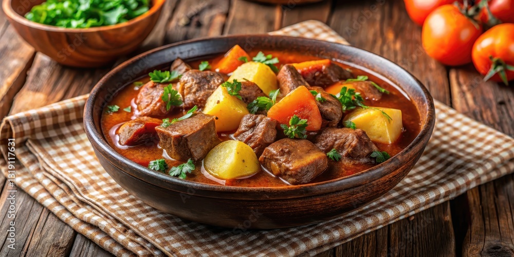 Richly colored beef goulash with tender potatoes in a warm and inviting bowl, garnished with fresh parsley and served in a rustic wooden setting , comfort food, potato dish Richly colored beef goulash with tender potatoes in a warm and inviting bowl, garnished with fresh parsley and served in a rustic wooden setting , comfort food, potato dish