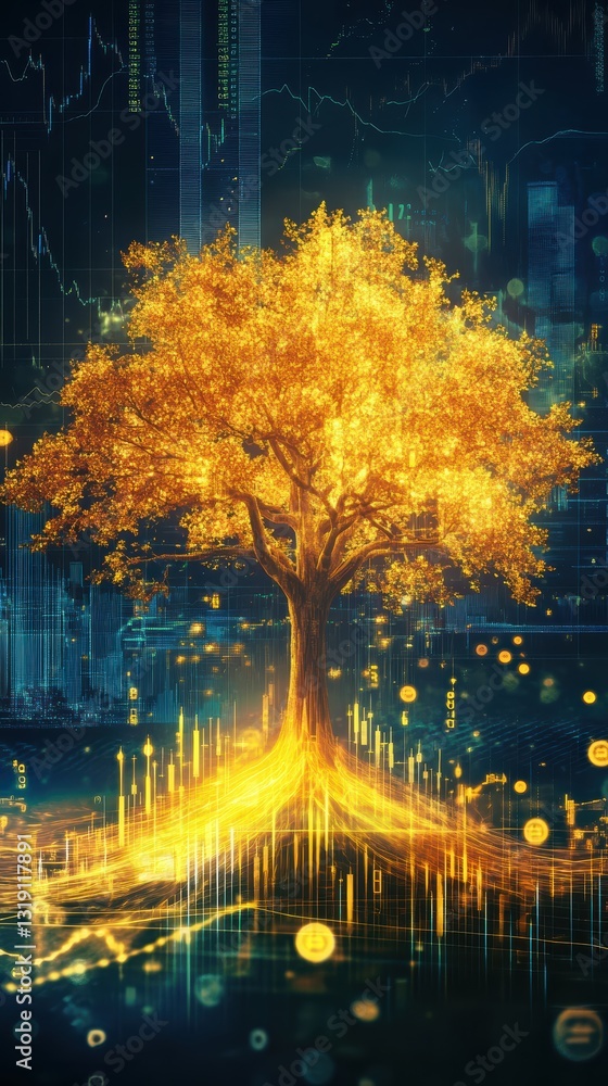 Fototapeta premium Glowing golden tree emerging from financial stock chart, symbolizing long-term investment and growth