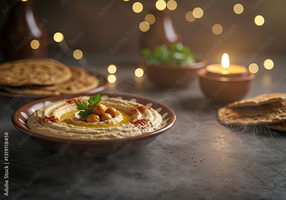 Delicious Homemade Hummus with Pita Bread, Warm Lighting, and Festive Ambiance Delicious Homemade Hummus with Pita Bread, Warm Lighting, and Festive Ambiance