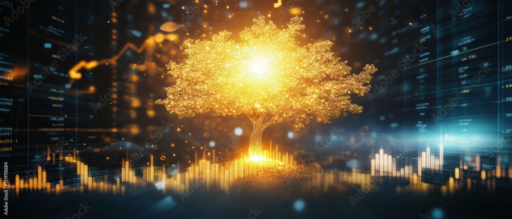 Fototapeta premium Glowing golden tree emerging from financial stock chart, symbolizing long-term investment and growth