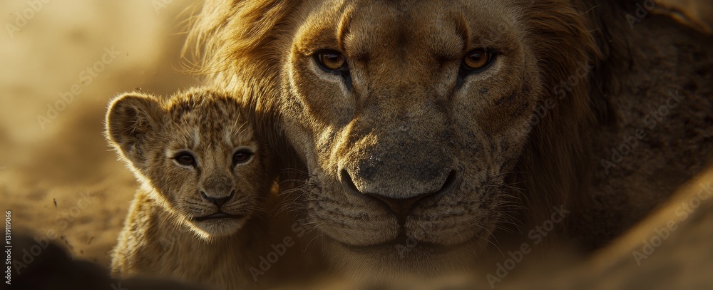 Naklejka premium In the wild grasslands of Africa, a proud lion and his cub share a tender moment, overlooking the vast expanse of their territory bathed in golden light