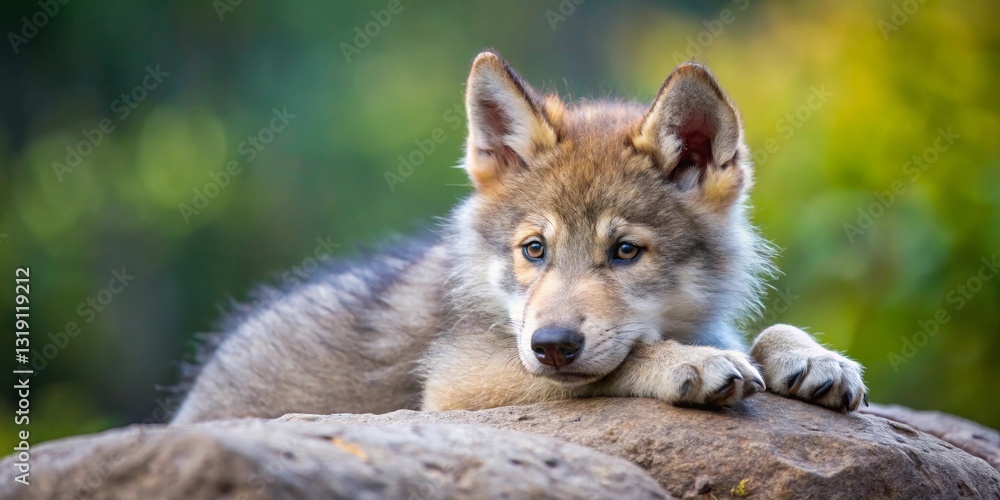 Fototapeta premium A young wolf pup rests peacefully on a rock, its soft fur gleaming in the sunlight, a serene and captivating portrait of wildlife