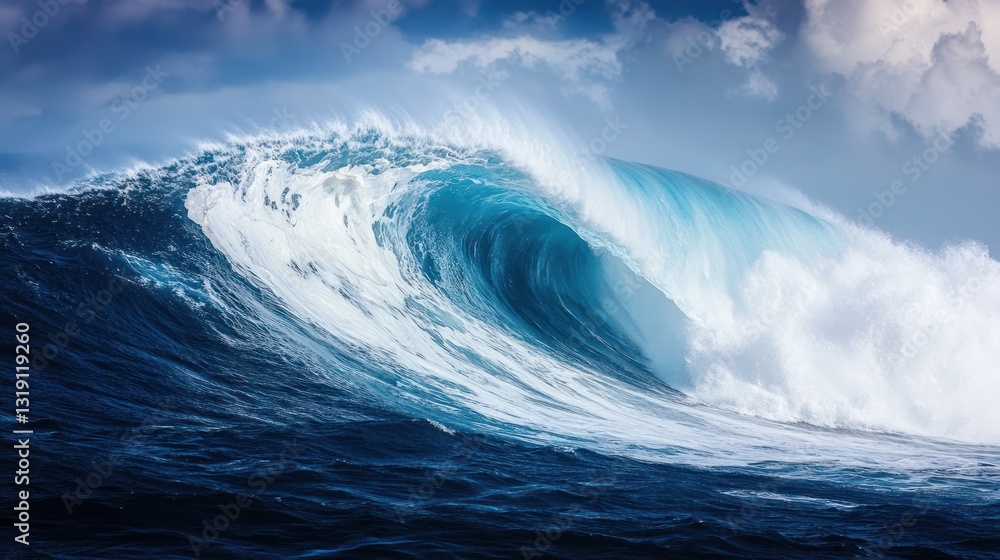 Fototapeta premium Powerful ocean wave crashing, dramatic sky background. Possible use stock photo for nature, travel, adventure, and extreme sports
