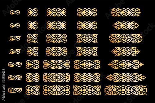 Vector Set of golden ornaments in Kazakh style. Traditional decor in the shape of stylized gooseneck. Elements of the national pattern of the ancient nomads of the Kazakhs, Kyrgyz, Mongols