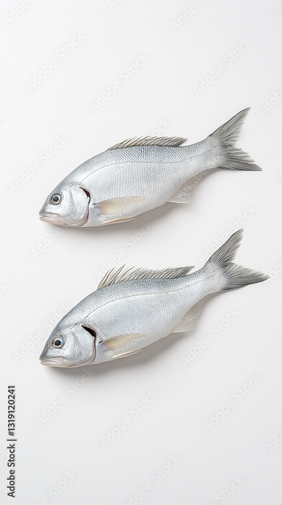 Silver fish lying parallel on pristine white surface, highlighting marine freshness and clean culinary presentation with minimalist aesthetic Silver fish lying parallel on pristine white surface, highlighting marine freshness and clean culinary presentation with minimalist aesthetic