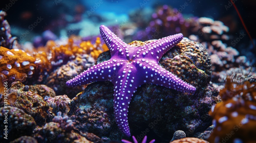 A vivid purple starfish resting on a textured rocky seabed, with tiny marine creatures and coral adding to the underwater scene A vivid purple starfish resting on a textured rocky seabed, with tiny marine creatures and coral adding to the underwater scene