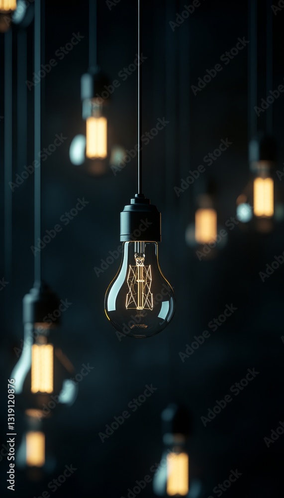 A dim room with hanging bulbs one warmly shining light creates a striking contrast in darkness A dim room with hanging bulbs one warmly shining light creates a striking contrast in darkness