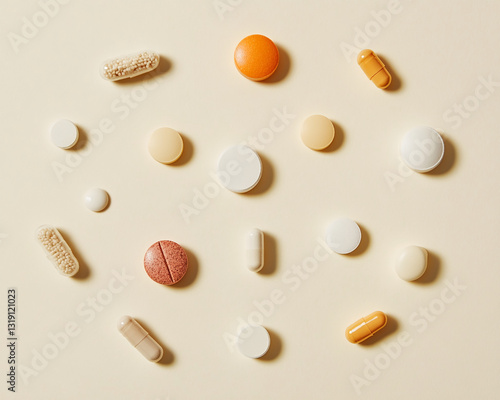 Wallpaper Mural Flat lay of various pills and capsules on beige background, showcasing diverse medication forms and pastel colors, representing health, wellness, and pharmaceutical industry Torontodigital.ca