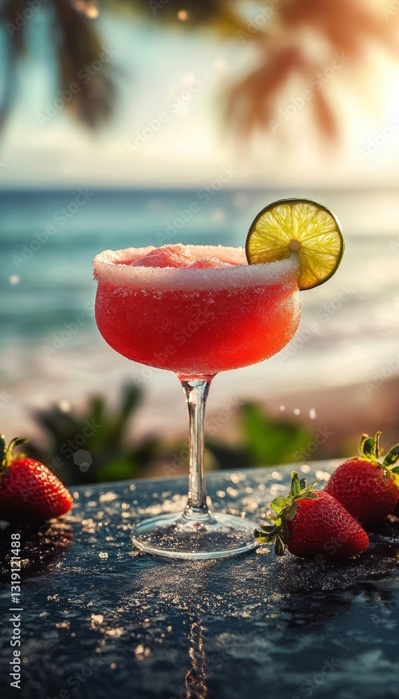 frozen strawberry margarita daquiri cocktail with sugar in a chilled glass at a bar on the beach frozen strawberry margarita daquiri cocktail with sugar in a chilled glass at a bar on the beach