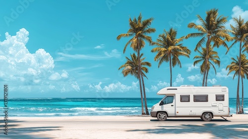 Obraz na płótnie Summer Adventure: White Camper Van by the Ocean with Palm Trees in a Tropical Beach Landscape w salonie
