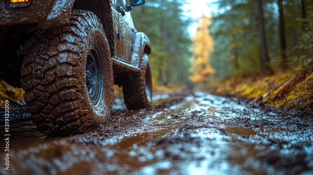 Mud-caked SUV traversing a muddy forest trail Mud-caked SUV traversing a muddy forest trail
