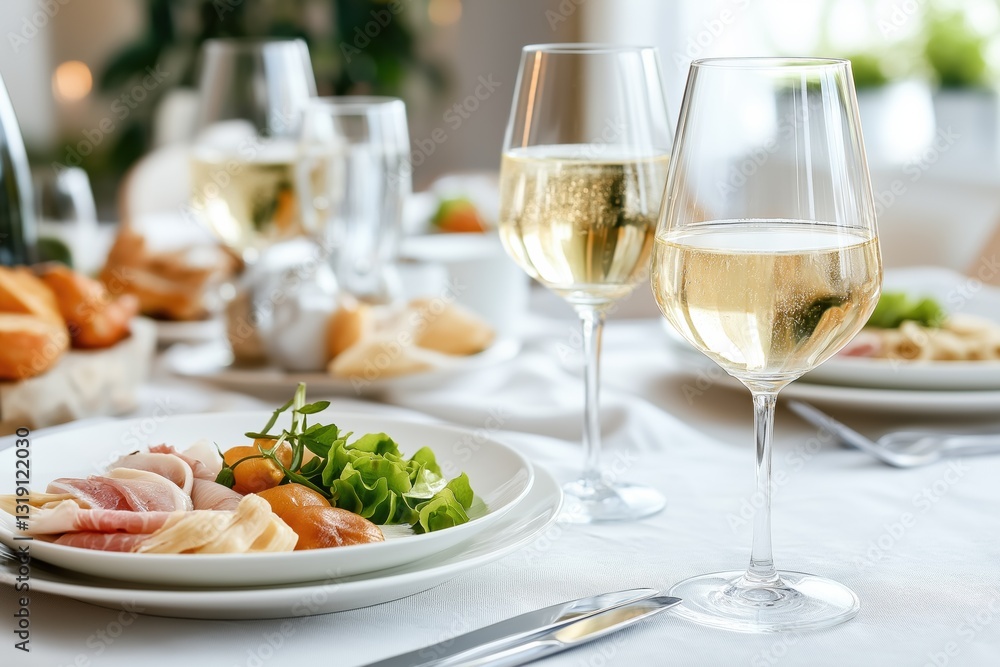 A table with a white tablecloth and a variety of food and drinks, including wine glasses and a knife and fork A table with a white tablecloth and a variety of food and drinks, including wine glasses and a knife and fork