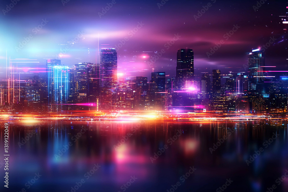 Fototapeta premium Retro neon-lit cityscape with floating geometric shapes, pixelated digital elements, and soft gradients of pink, purple, and blue in the sky creating a futuristic atmosphere