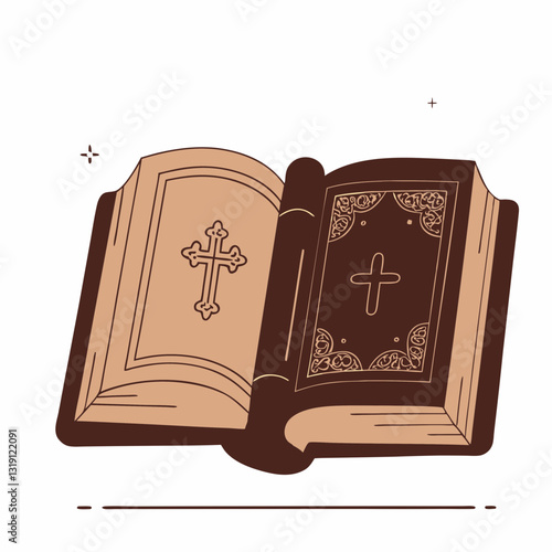Open bible icon with decorative crosses, spiritual symbolism concept