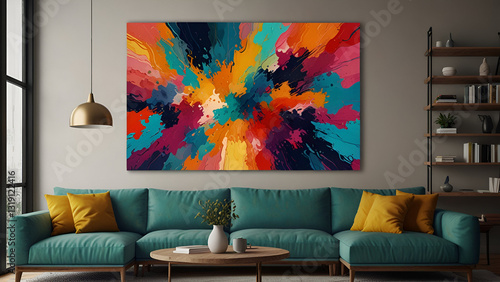 Modern Living Room with Stylish Teal Sofa Abstract Art Vibrant Furniture and Contemporary Décor in a Relaxed Setting