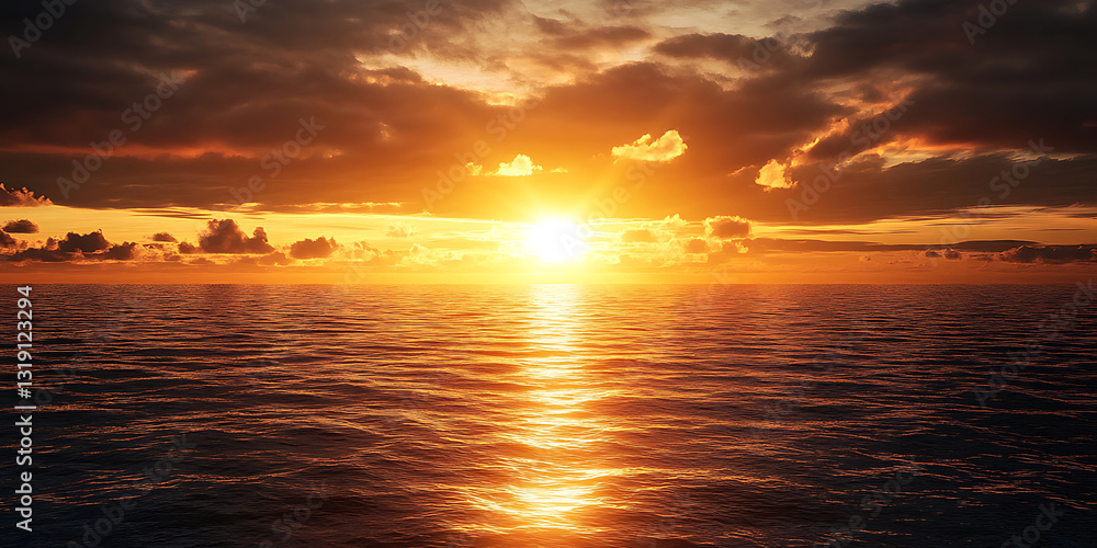Naklejka premium Majestic Golden Sunset Over a Serene Ocean Horizon for a Tranquil Coastal View