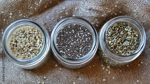 Flat lay of chia seeds, flaxseeds, and hemp seeds in small glass jars, showcasing their benefits for health and proper nutrition