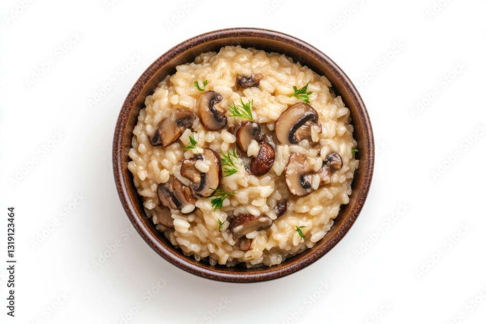 Delicious mushroom risotto in a bowl, Italian cuisine, earthy tones, food photography Delicious mushroom risotto in a bowl, Italian cuisine, earthy tones, food photography