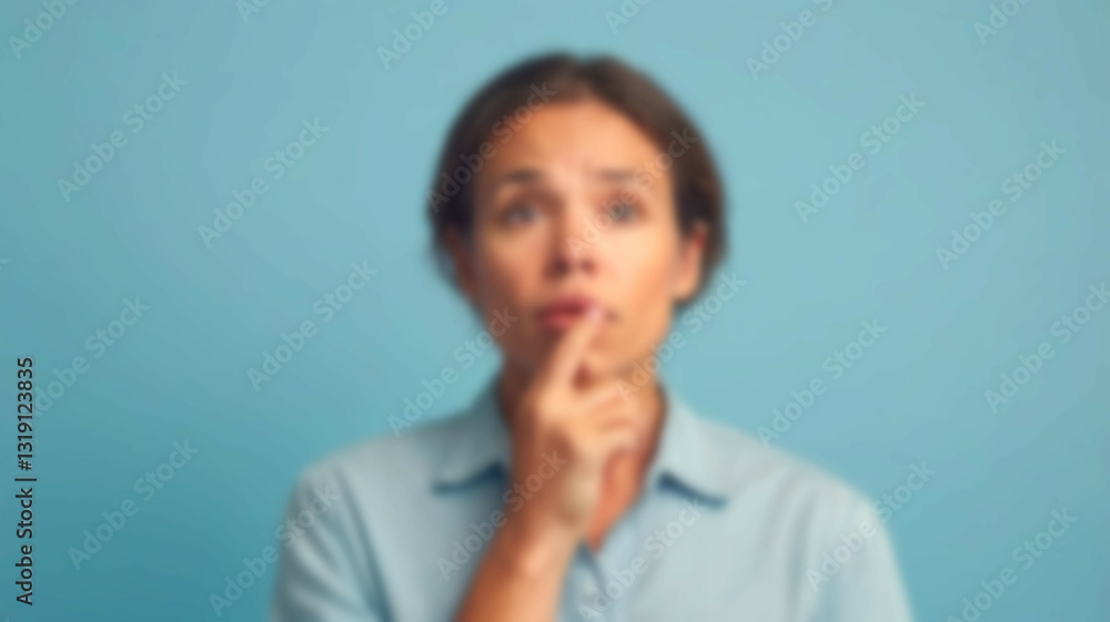 Blurred background highlighting a pensive look, with a light blue backdrop symbolizing the fusion of creativity and tranquility