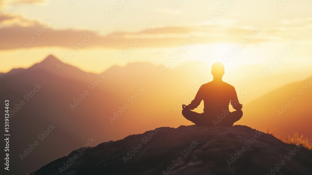 Serene figure meditating on mountain top at sunrise, symbolizing inner peace and clarity Serene figure meditating on mountain top at sunrise, symbolizing inner peace and clarity