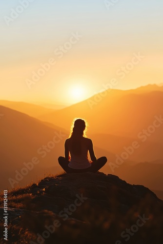 Serene figure meditating on mountain top at sunrise, symbolizing inner peace and clarity