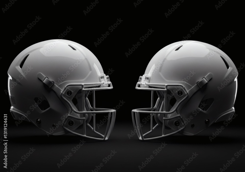 Fototapeta premium Two American Football Helmets Facing Each Other on a Black Background