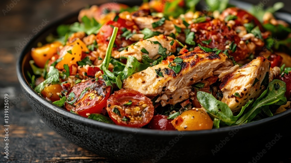 This vibrant image features sautéed chicken pieces, mixed greens, and fresh cherry tomatoes, creating a visually appealing salad perfect for a healthy meal choice. This vibrant image features sautéed chicken pieces, mixed greens, and fresh cherry tomatoes, creating a visually appealing salad perfect for a healthy meal choice.