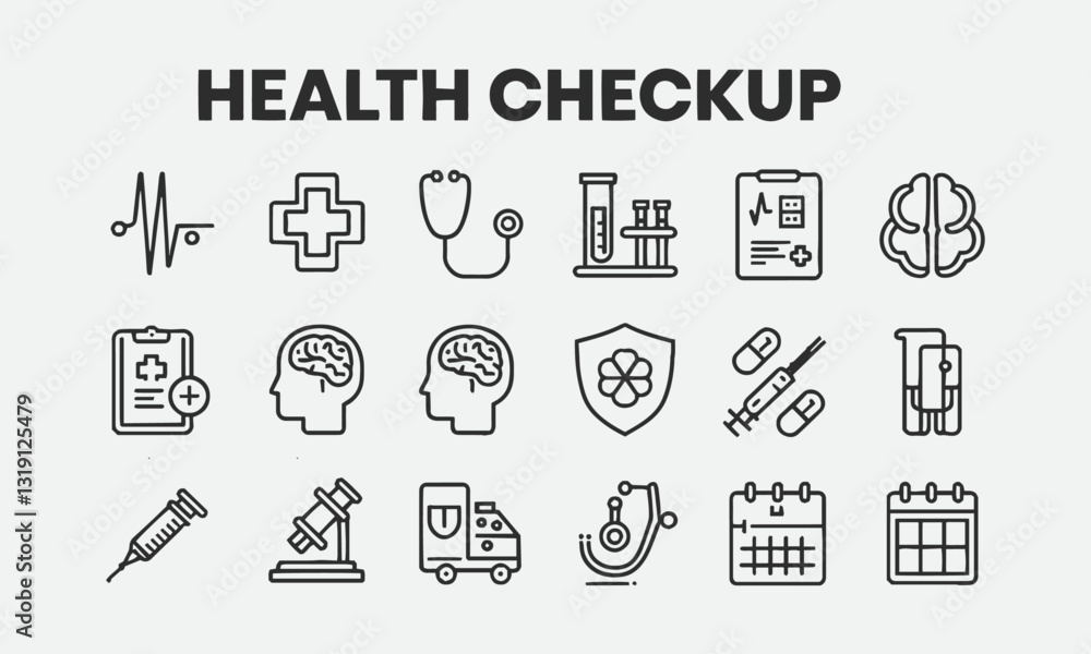 A modern vector-style illustration featuring a set minimalist health checkup icons, easily editable. A modern vector-style illustration featuring a set minimalist health checkup icons, easily editable.