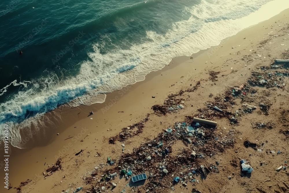 Overhead perspective of plastic debris scattered across a sandy shoreline, highlighting the issue of ocean waste and marine pollution Overhead perspective of plastic debris scattered across a sandy shoreline, highlighting the issue of ocean waste and marine pollution