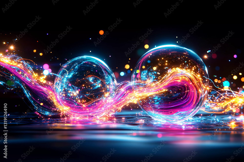 Fototapeta premium Flowing river of light connecting career and personal life spheres with balanced ripples, symbolizing harmony, growth, and balance between work and life priorities