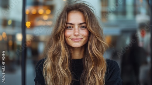 Wallpaper Mural A cheerful young woman with long hair smiling beautifully outside a chic modern building, embodying happiness and joy in an urban environment. Her confidence shines through. Torontodigital.ca