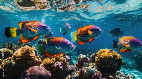 Fototapeta Naklejka Na Ścianę i Meble -  A vibrant gathering of parrotfish exploring a coral reef, their dazzling colors making them stand out against the deep blue sea