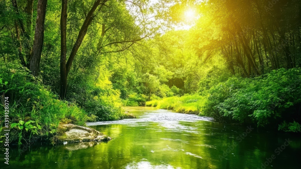 Fototapeta premium Tranquil river surrounded by lush greenery with dappled sunlight reflecting on water