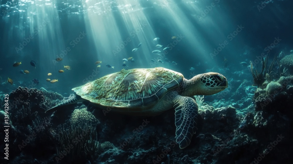 Obraz premium An enchanting close-up of a sea turtle swimming peacefully in a sunlit underwater paradise, with colorful corals and shimmering fish creating a vibrant oceanic scene