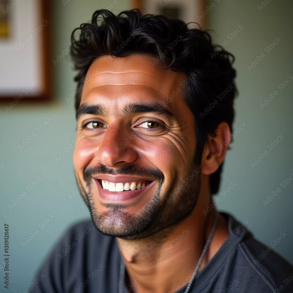 Fototapeta premium This vibrant portrayal captures a Brazilian man, exuding happiness with a warm smile, immersed in a cozy atmosphere filled with natural light and personal touches