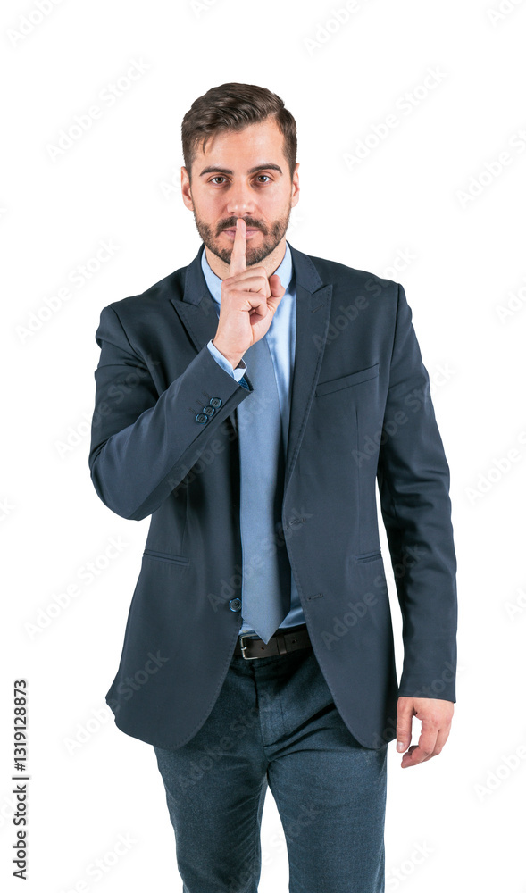 Man in formal suit making a silence gesture with his finger on lips, standing isolated on white background. Concept of secrecy, discretion, or quiet request Man in formal suit making a silence gesture with his finger on lips, standing isolated on white background. Concept of secrecy, discretion, or quiet request