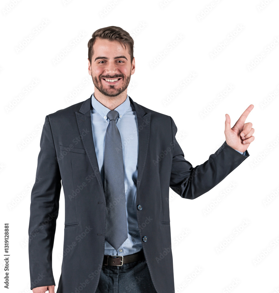 Confident man in a suit and tie smiling and pointing to the side, isolated on white background. Professional and business concept Confident man in a suit and tie smiling and pointing to the side, isolated on white background. Professional and business concept