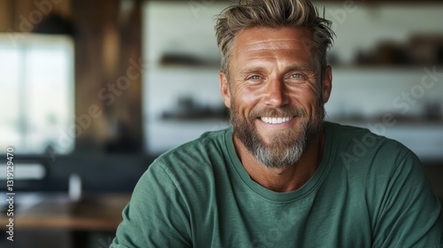 A man in a green t-shirt smiles broadly in a cozy indoor space, characterized by natural light and an inviting atmosphere, showcasing a moment of genuine happiness. photo