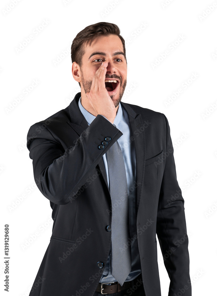 Confident man in suit shouting with hand near mouth, isolated on white background. Expression of communication, announcement, or calling out Confident man in suit shouting with hand near mouth, isolated on white background. Expression of communication, announcement, or calling out