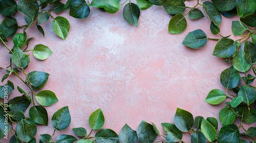 Green leaves on textured pink plaster background