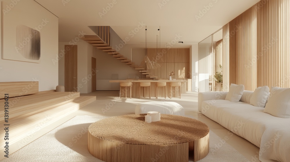 Fototapeta premium Bright Scandinavian living room with light wood furniture, soft neutral colors, and minimalist design
