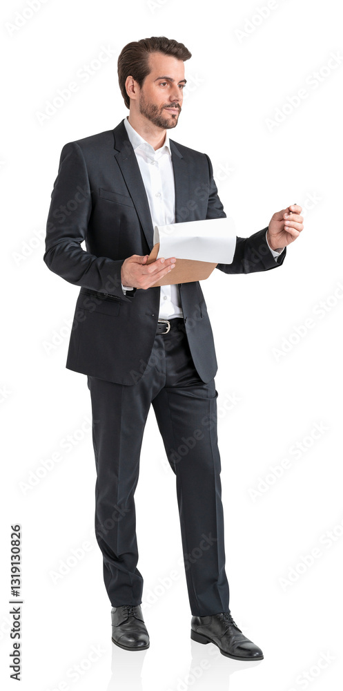 Professional man in business suit holding clipboard and pen, isolated on white background. Confident posture, ideal for corporate and business concepts Professional man in business suit holding clipboard and pen, isolated on white background. Confident posture, ideal for corporate and business concepts