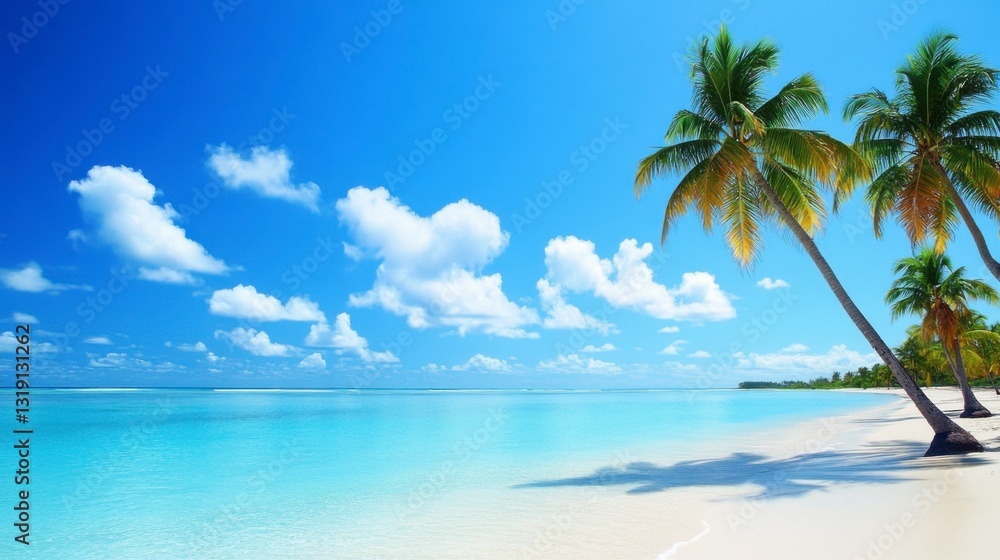 Tropical Beach with Palm Trees and Clear Blue Ocean under a Bright Sunny Sky Tropical Beach with Palm Trees and Clear Blue Ocean under a Bright Sunny Sky