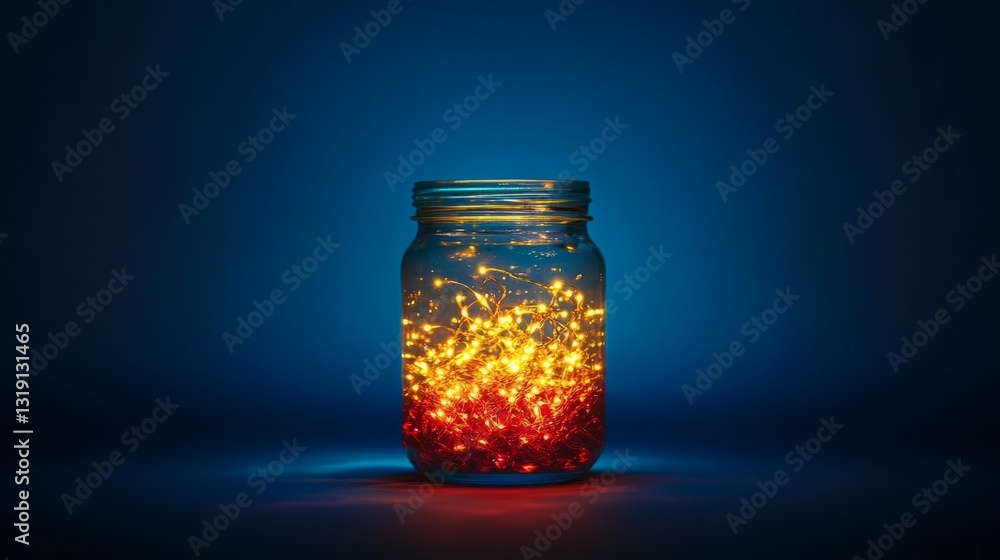 Warm fairy lights glow inside a glass jar against a deep blue backdrop. Warm fairy lights glow inside a glass jar against a deep blue backdrop.