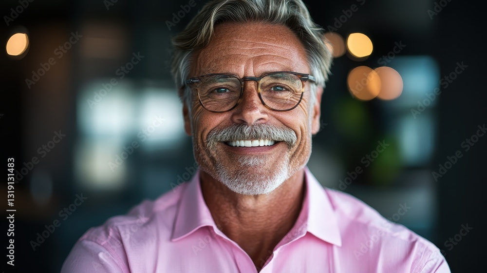 A cheerful mature man with glasses smiling warmly in a stylish modern environment, showcasing his friendly personality and confidence, perfect for lifestyle and emotion themes. A cheerful mature man with glasses smiling warmly in a stylish modern environment, showcasing his friendly personality and confidence, perfect for lifestyle and emotion themes.