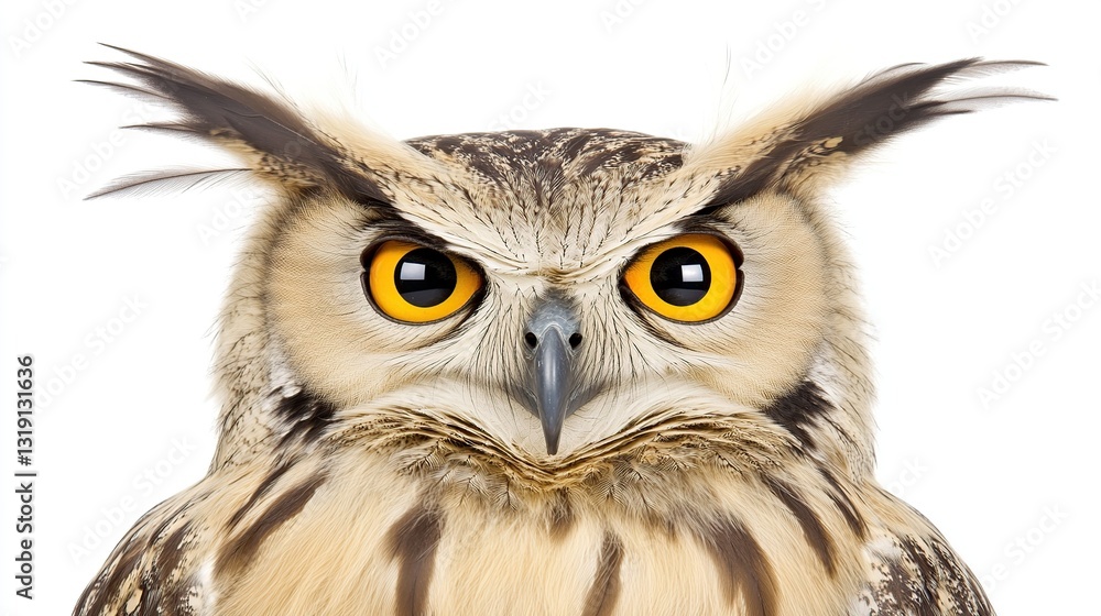 Obraz premium Studio owl portrait, intense gaze, white background, wildlife photography